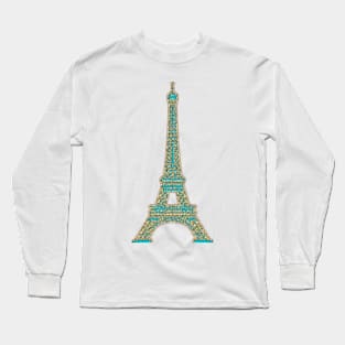 Eiffel Tower, Aqua+Teal+Gold Tone Long Sleeve T-Shirt